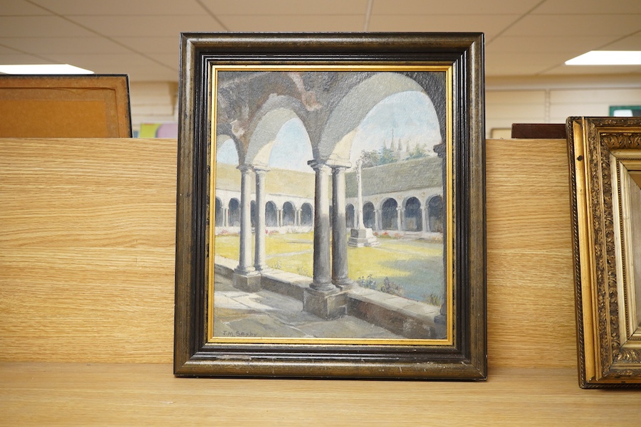 J M Saxby, ‘Winchester College’, signed, inscribed verso, oil on board, 38 x 33cm